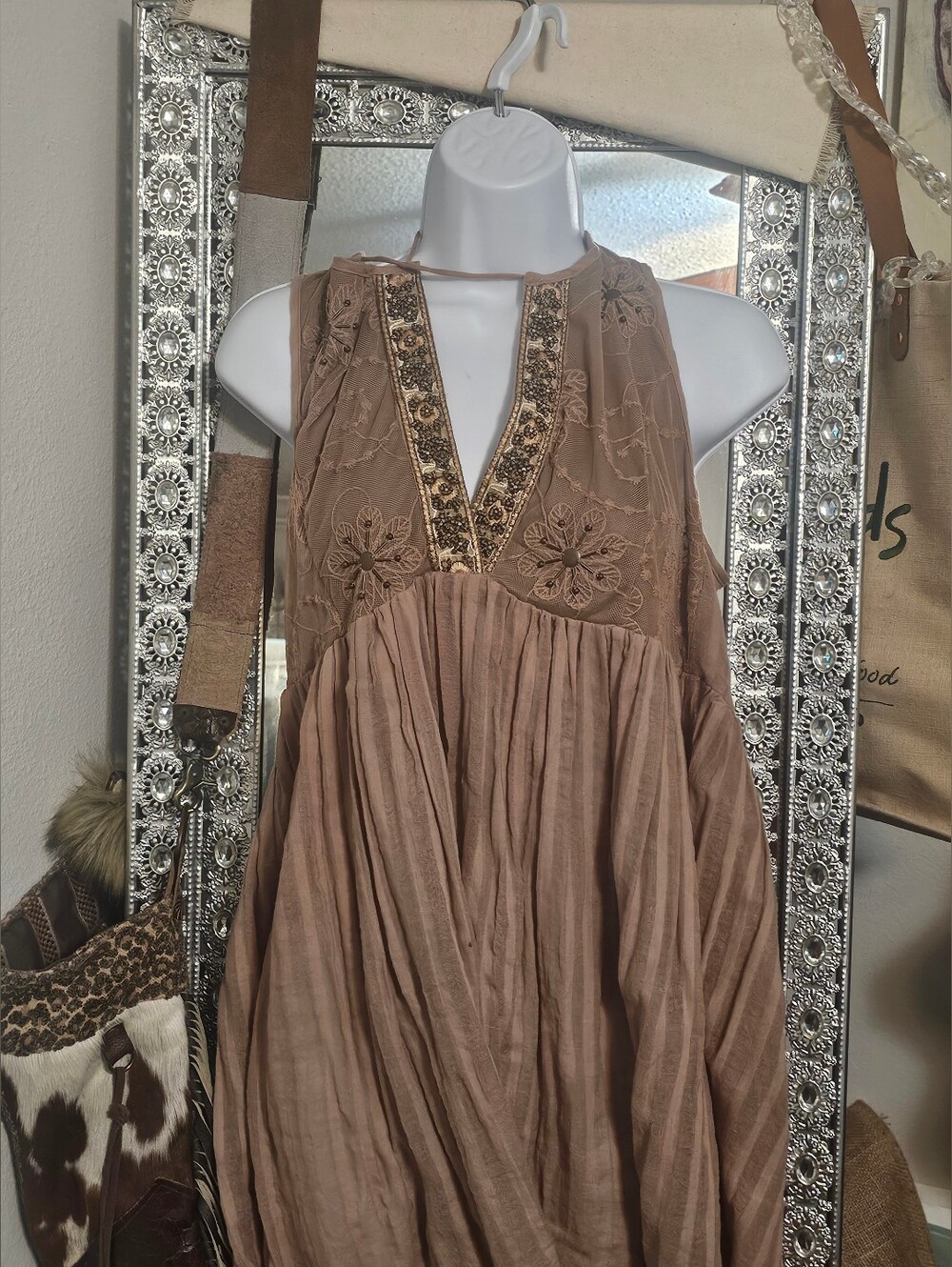 A'Reve Embroidered V-Neck Sleeveless Maxi Dress in Taupe Brown